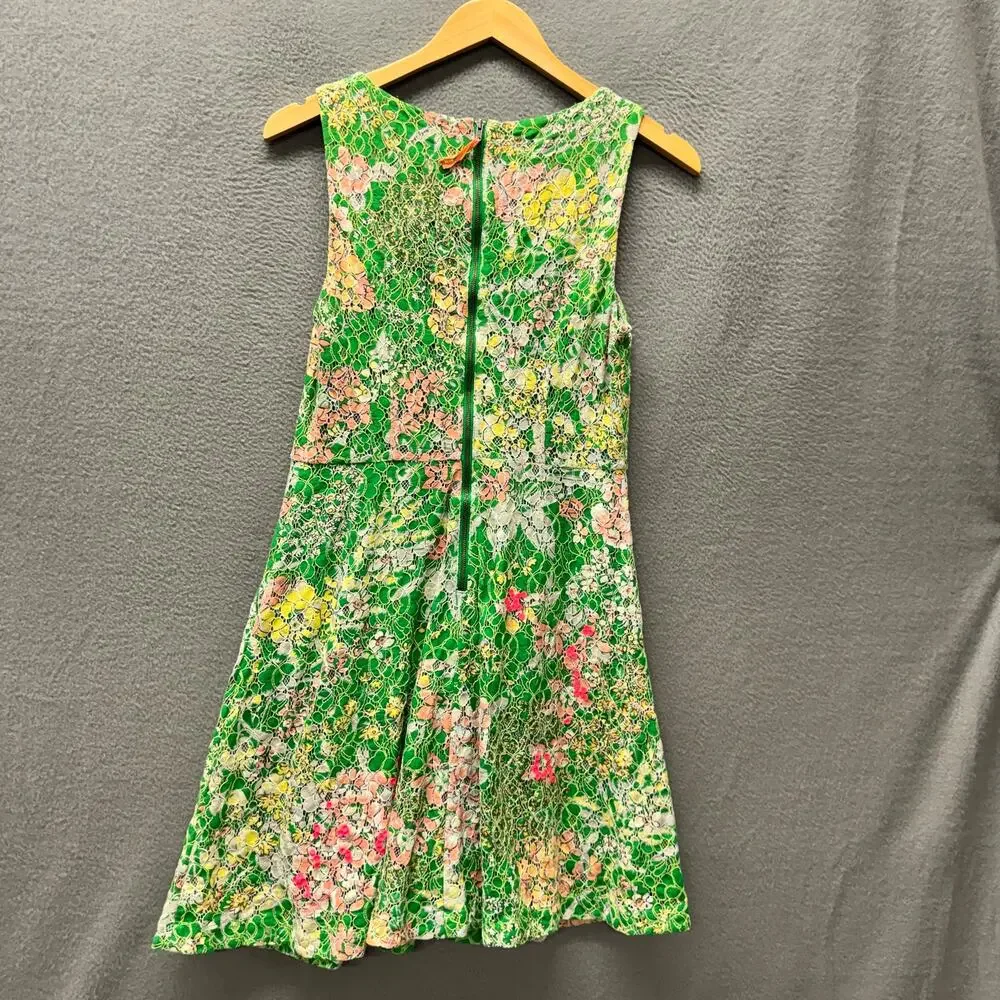 Maeve Verbena Dress Lace Overlay Sequins Green Pink Zip Up‎ Womens 4 Mini